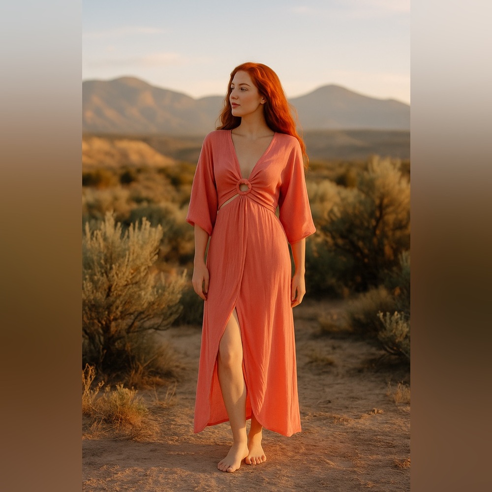 Sanctuary Coral Ring-Front Maxi Swim Cover-Up | Resort Beach Kimono Dress